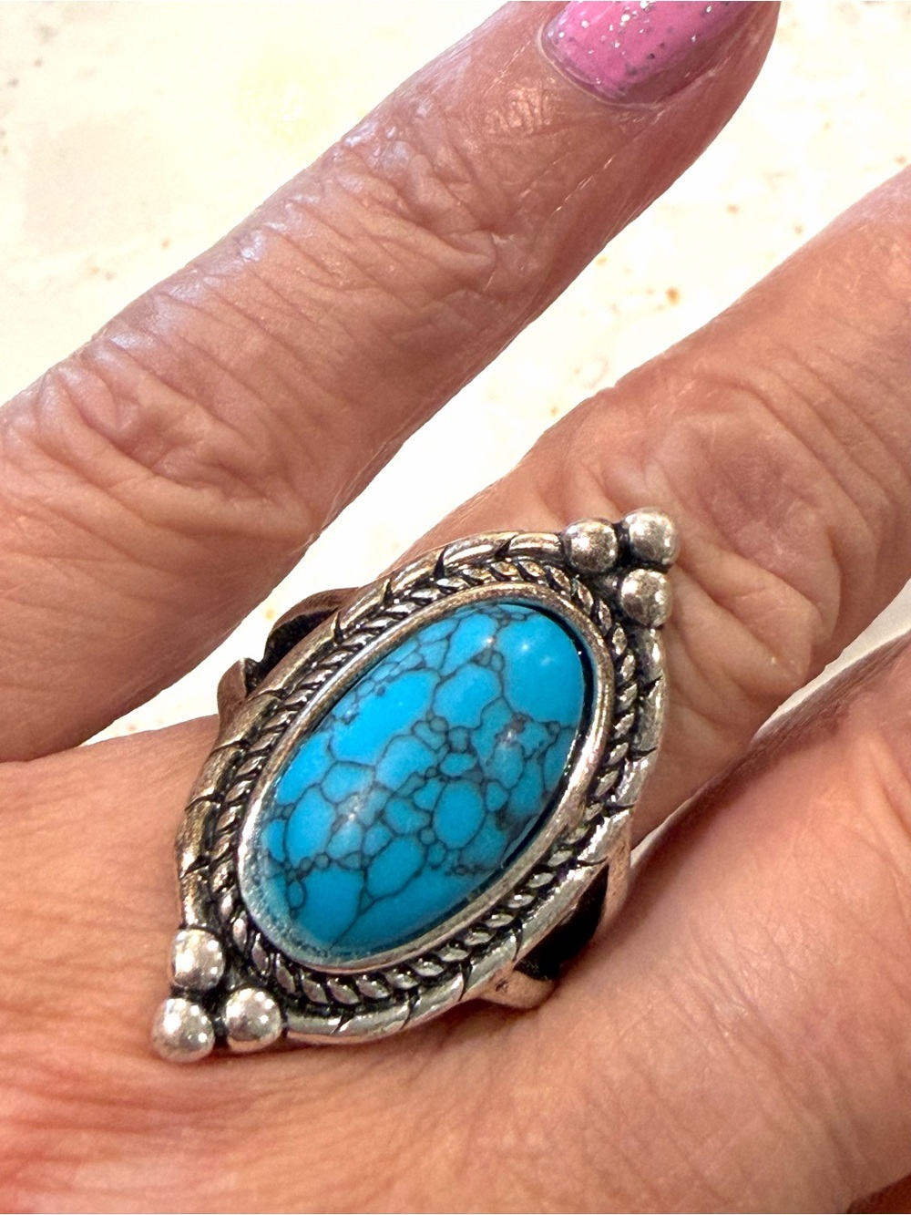 Silver-Tone Ring with Blue Turquoise-Style Stone size 7